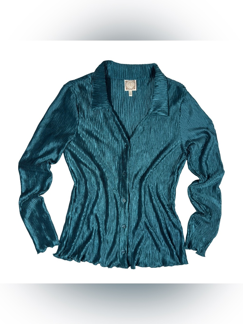 Women’s Large Y2K Teal Crinkle Pleated Button Down Blouse Satin Stretch Top